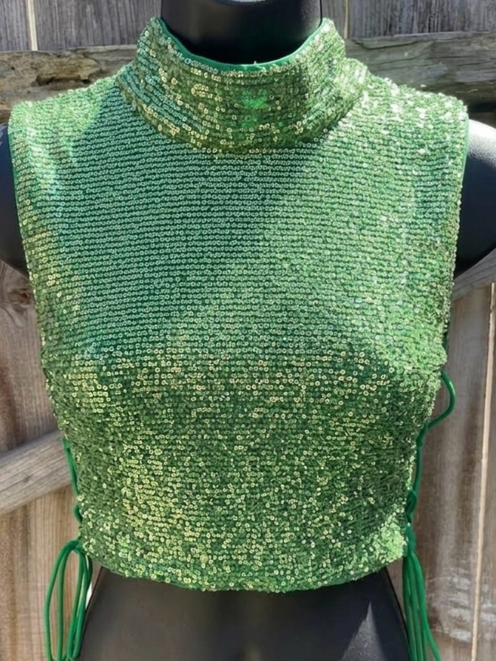 h:ours 21 Green Sequin Crop Top Size M Lace Up REVOLVE Y2K Party Festival